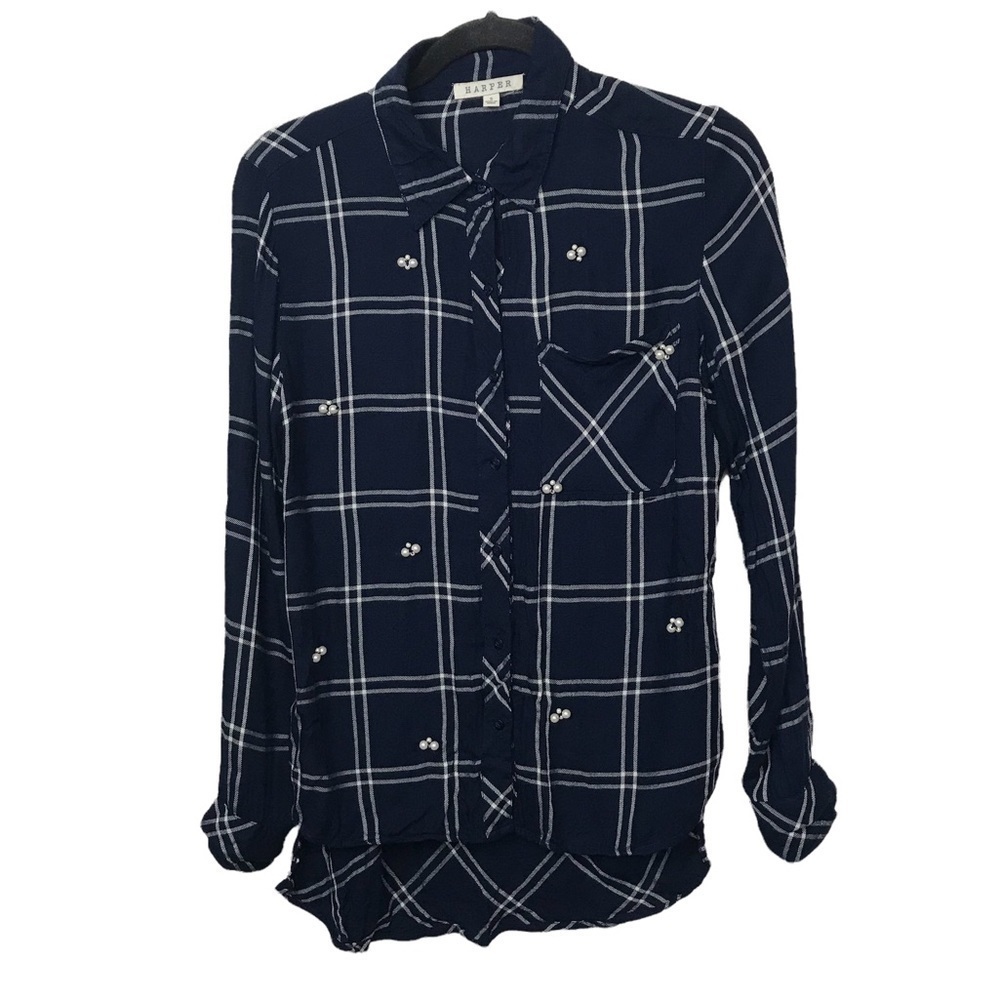 Harper Blue Long Sleeve Check Print Button Up Shirt With Faux Pearl Detail Small